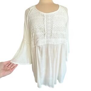 Indigo Soul Cream Gauzy Lace Tunic Sz L Boho Fairy Ethereal Cottage Flare Sleeve